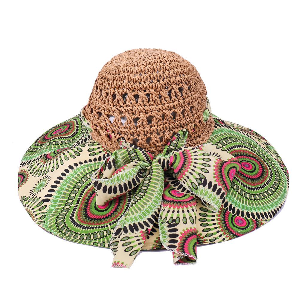 Fashion Sun Hat For Women Holiday Beach Straw Hat Female Hollow Printed Bow Summer Big Brim Hat Fold Uv Protection Floppy Hat