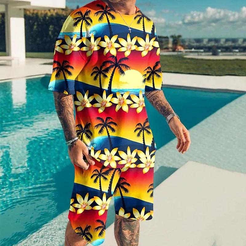 Летняя модная мужская футболка дорожный комплект спортивные костюмы повседневная футболка с короткими рукавами в праздничном стиле + шорты брюки костюмы мужская одежда