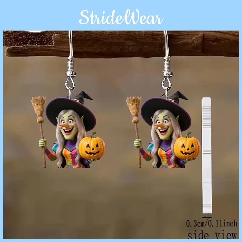 Halloween Theme Witch Broom And Pumpkin Pattern Women Earrings Festival For