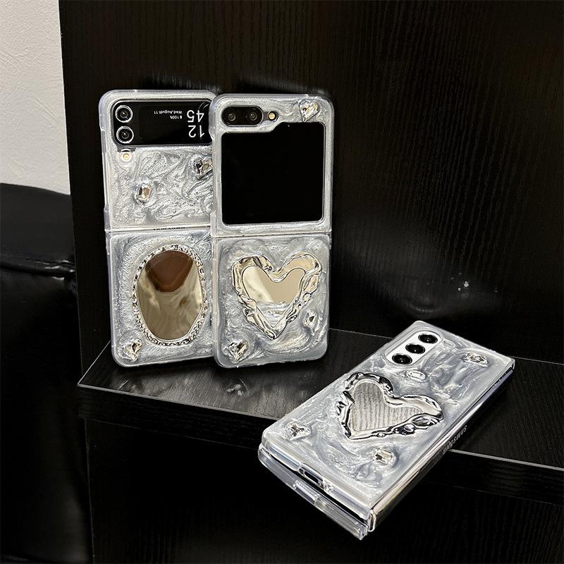 Серебристо-серая клеевая чехол-накладка для Samsung Zflip6 Flip Складной экран Zfold5 Зеркало с рисунком сердца Женский Новый Модель