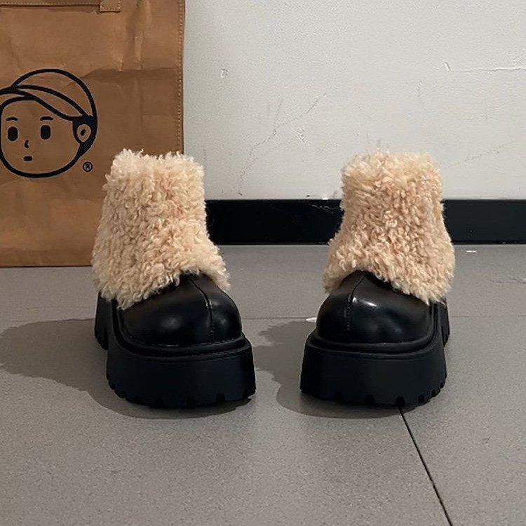 Plush thick-soled fluffy high-heeled short boots women's autumn and winter brown snow boots new cotton boots women's
