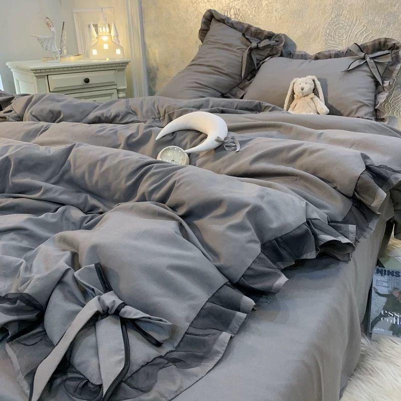 Скандинавский Серо-Белый Пододеяльник Корейский Принцесса Бант Девочка Постельные Комплекты Простой Однотонный Постельные Принадлежности Декор Спальни