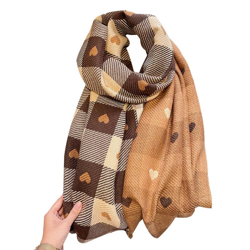 Женский клетчатый шарф из искусственного кашемира с украшением в виде сердца - толстый, с кисточками для тепла