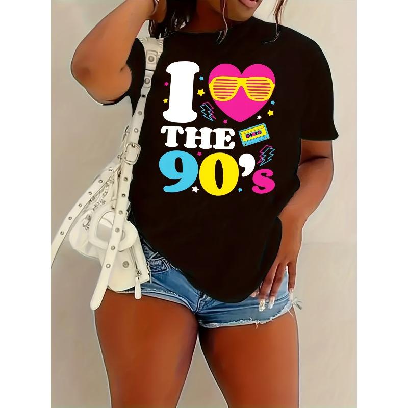 Женская футболка с принтом «Я люблю 90-е» Европейский размер Повседневный топ с круглым вырезом и коротким рукавом Весенняя летняя одежда