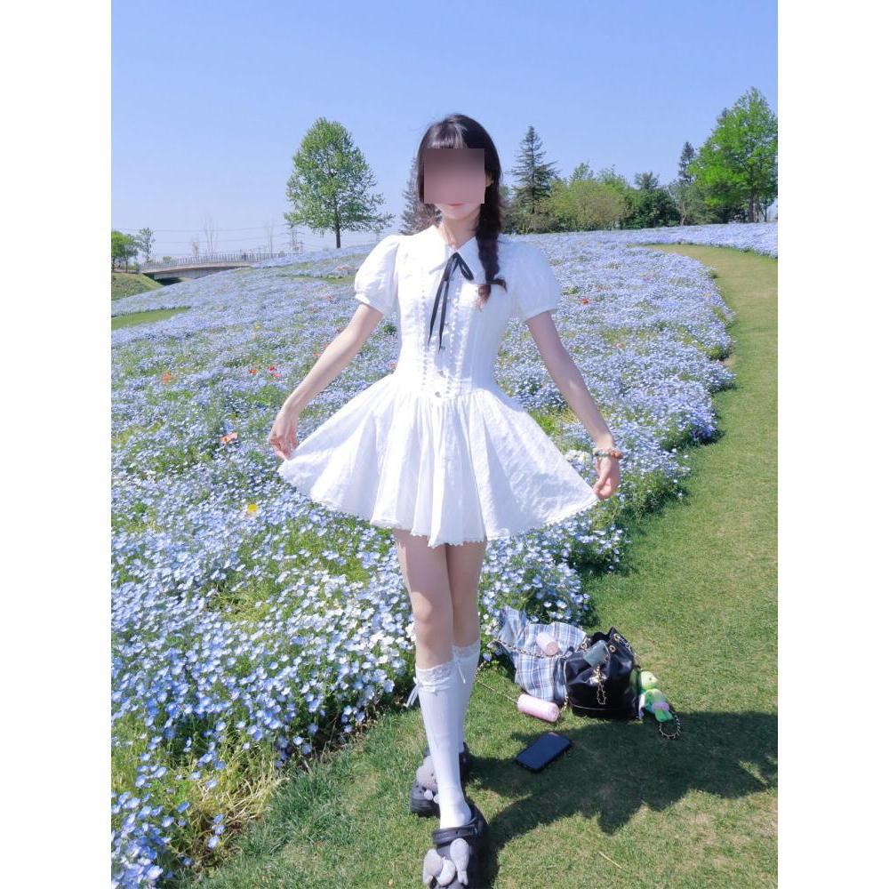 Платье принцессы в колледжском стиле с пышными рукавами, приталенное, с плиссированной пышной юбкой, белое платье лунного света, летняя красота девушки