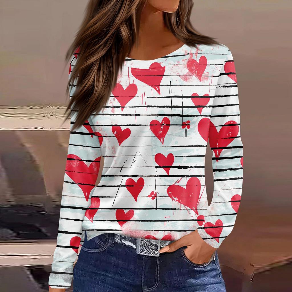 Женская модная повседневная футболка с разрезом и круглым вырезом, длинным рукавом, с принтом ко Дню святого Валентина, женская футболка