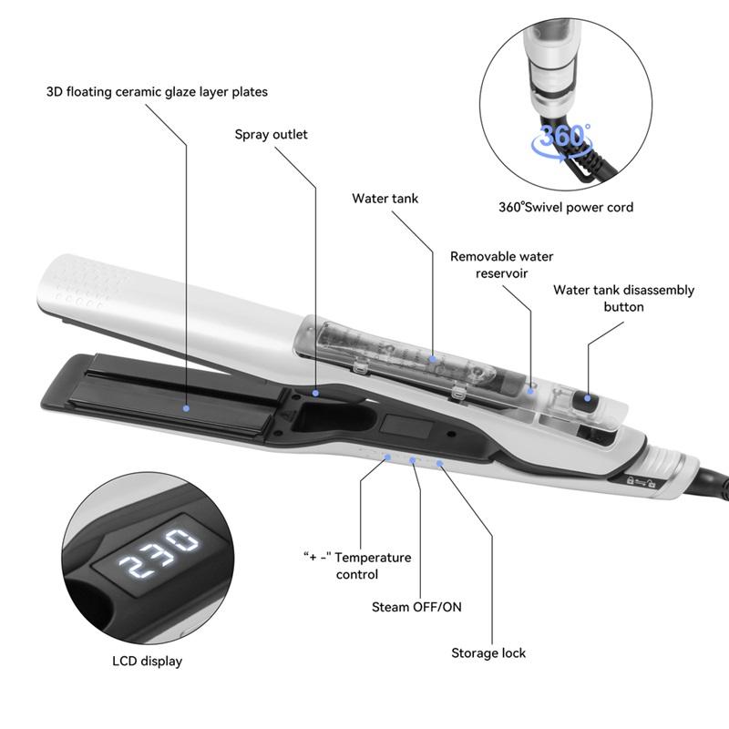 Паровая выпрямитель для волос Профессиональный электрический керамический Широкий плойка для завивки волос Пластины для волос ЖК-дисплей Горячая расческа Выпрямление