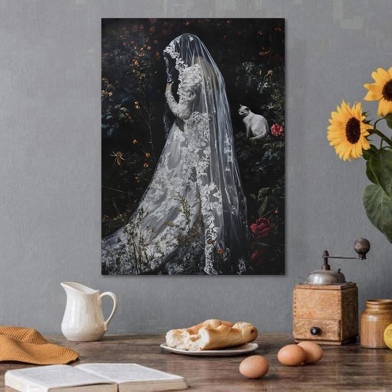 Dark Victorian Elegant Woman Lace Veil Posters Canvas Printing White Skirt Wedding Dress Bride Vintage Wall Art Room Home