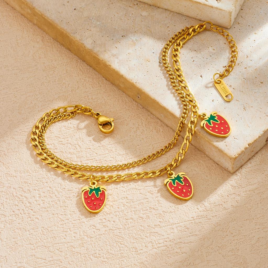 316L Stainless Steel Cute Fruit Strawberry Charm Bracelet For Women Girl Fashion New Trendy Jewelry Party Gift