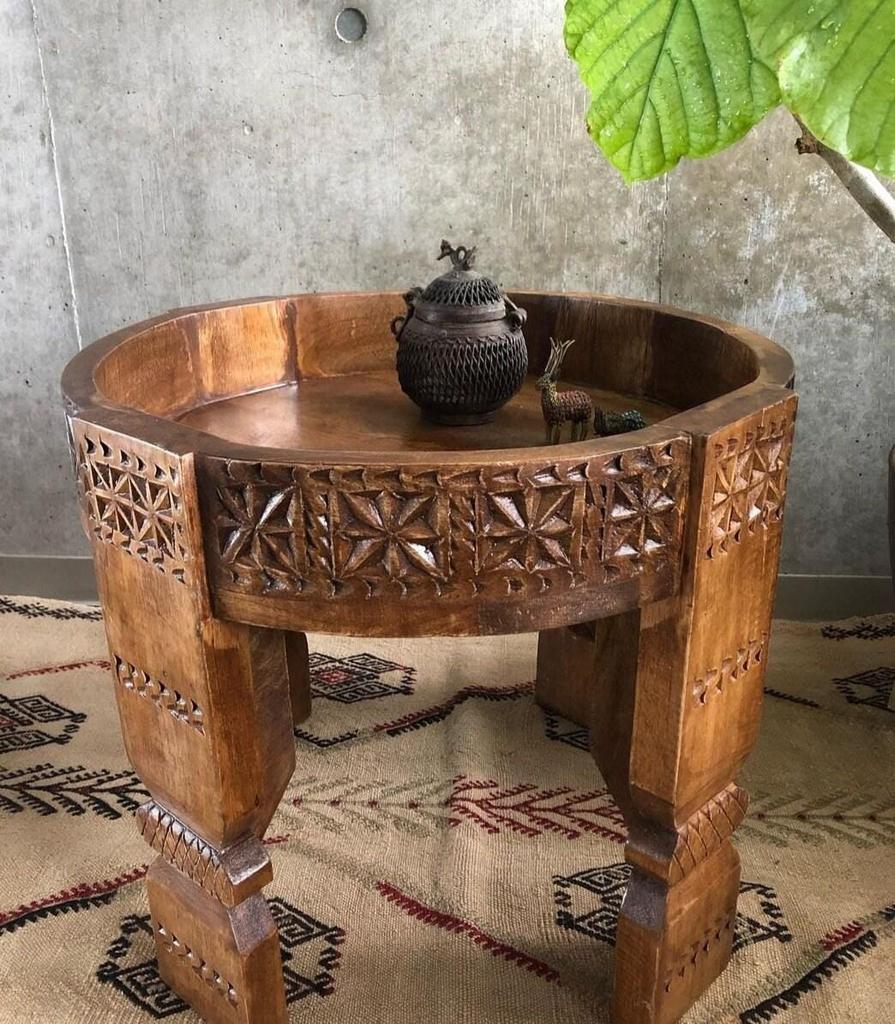 Wood Round Carved Coffee Table - Beautifull Side End table For Home Decor Furniture, Indian Central Ethnic Home Decor Table - Chakki Grinder