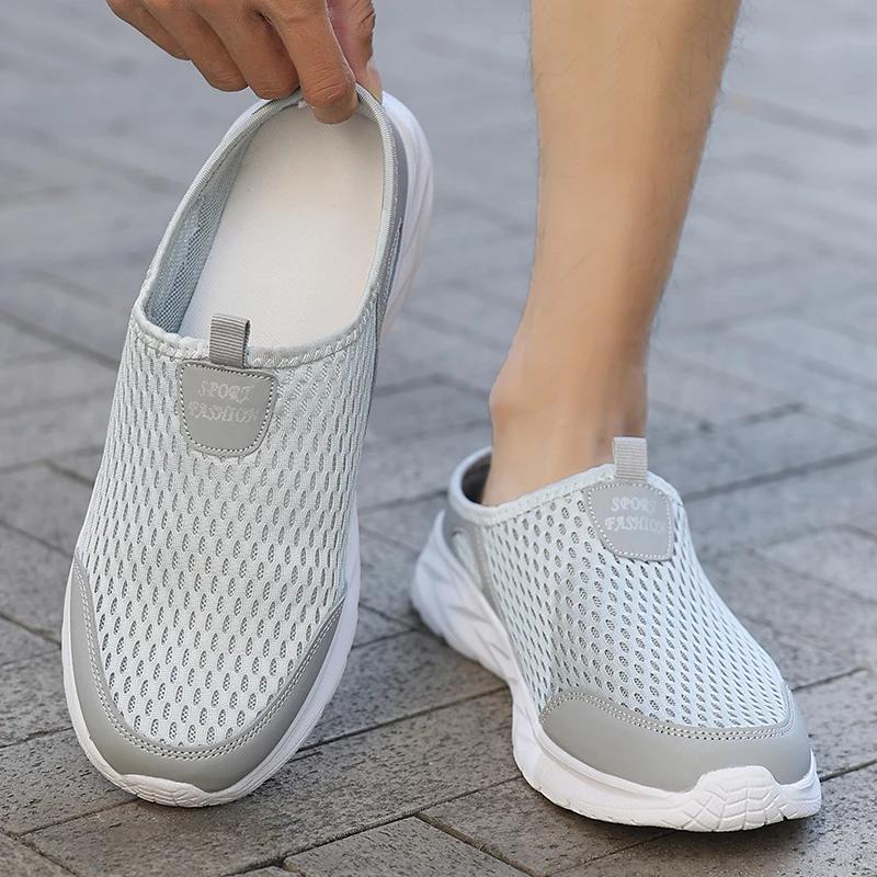Mens Half Slippers Summer Breathable Mesh Mens Shoes Outdoor Casual Walking Shoes Large Flat Light Mesh Slippers Sandals