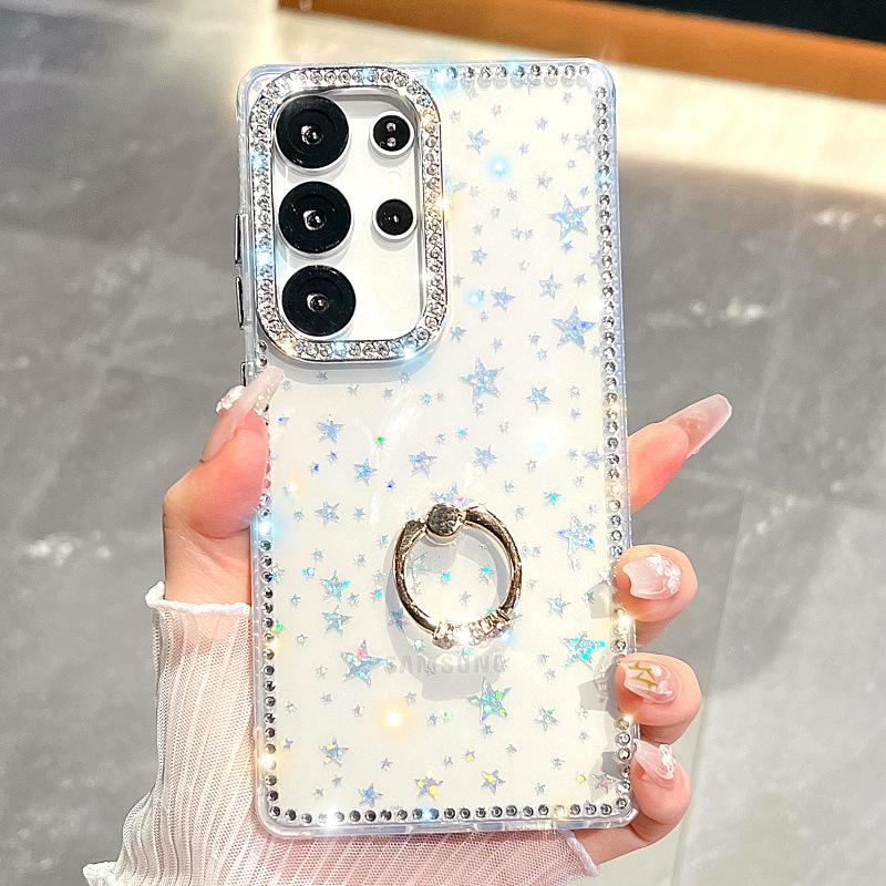 Suitable for Samsung S25 Mobile Phone Case A15 Ring Glitter Powder Transparent Edge Diamond A55 Luxury Laser Star S24 Protective Case