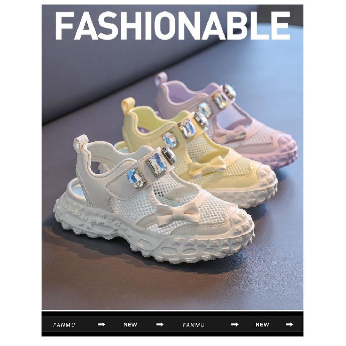Girls' cute bowknot sports sandals with mesh for summer, little girls' shoes with large rhinestones and hollow transparent mesh
