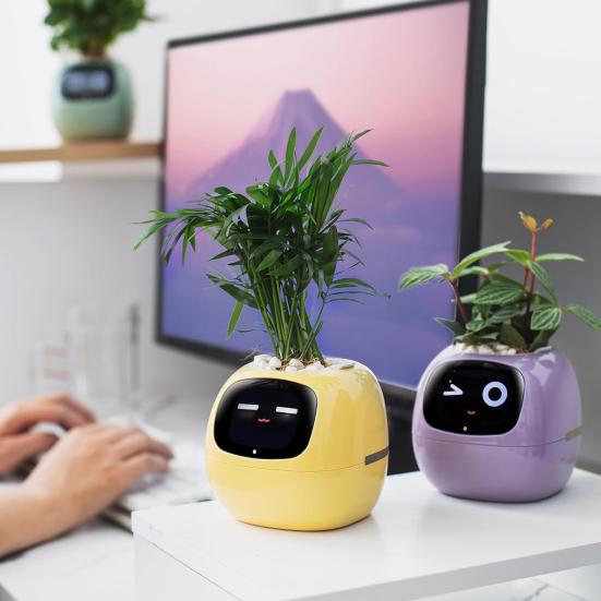 Умный цветочный горшок с выражениями AI Умный плантатор Робот Виртуальный питомец Умный цветочный горшок с 7 датчиками Время Температура Дисплей для садоводства Внутренний декор