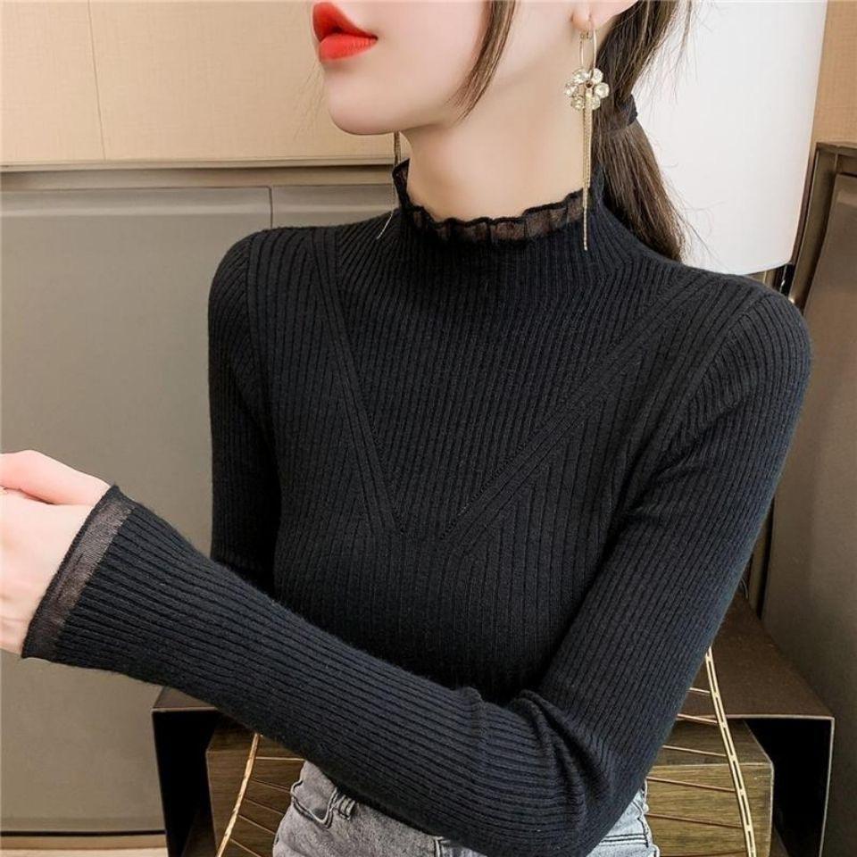 Осенне-зимний свитер с высоким воротом, женский внутренний топ, кружевной лоскутный трикотажный свитер со средним воротом