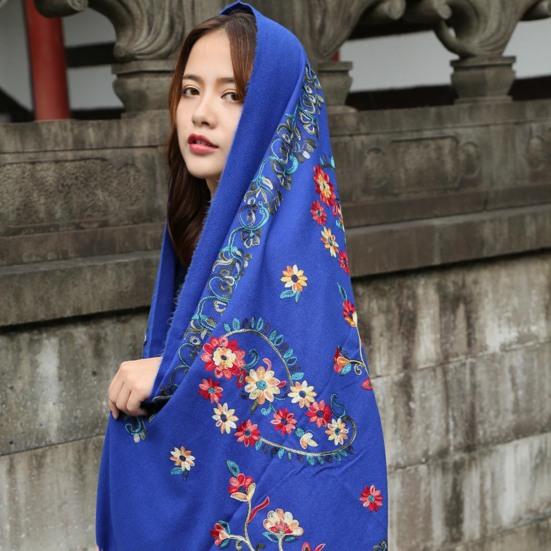 Winter Scarf Embroidery Flower Pattern Tassel Trim Long Scarf Ethnic Style Thickened Warm Women Shawl