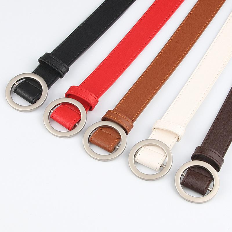 Ladies' Fashionable Pu Round Buckle, Hole-free, Simple Belt, Student Jeans Belt, Versatile Thin Waist Belt