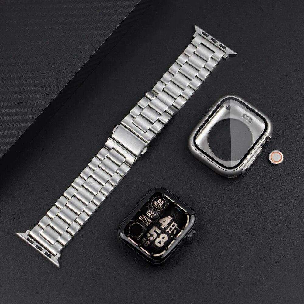 Ремешок+корпус из нержавеющей стали для Apple Watch 44мм 45мм 41мм 40мм Улучшенный ТПУ корпус Iwatch Series 9 8 7 6 SE 5 4 Металлический браслет
