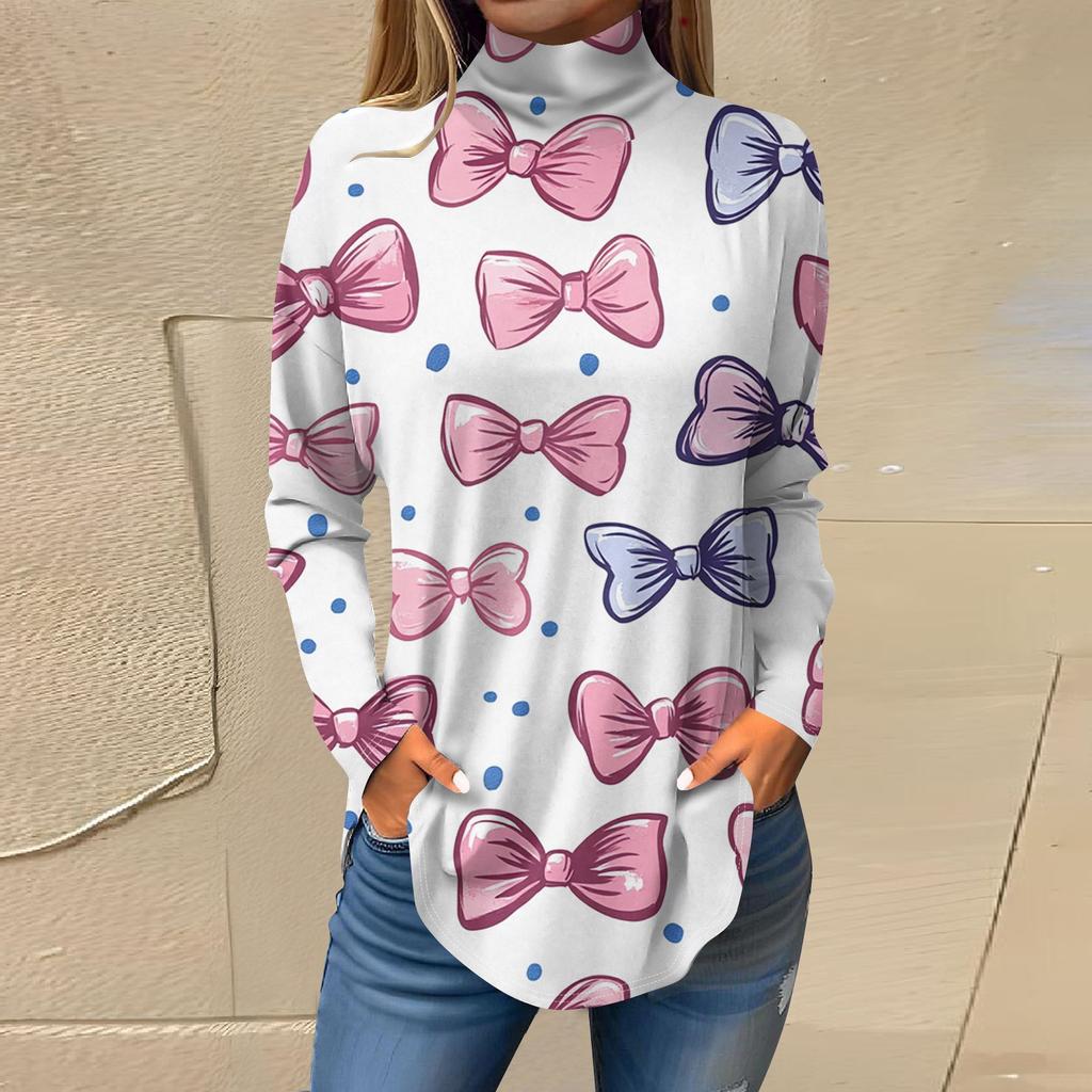 Футболки для женщин, осенние повседневные рубашки с длинным рукавом, толстовка с принтом, топ с высоким воротом, пуловер