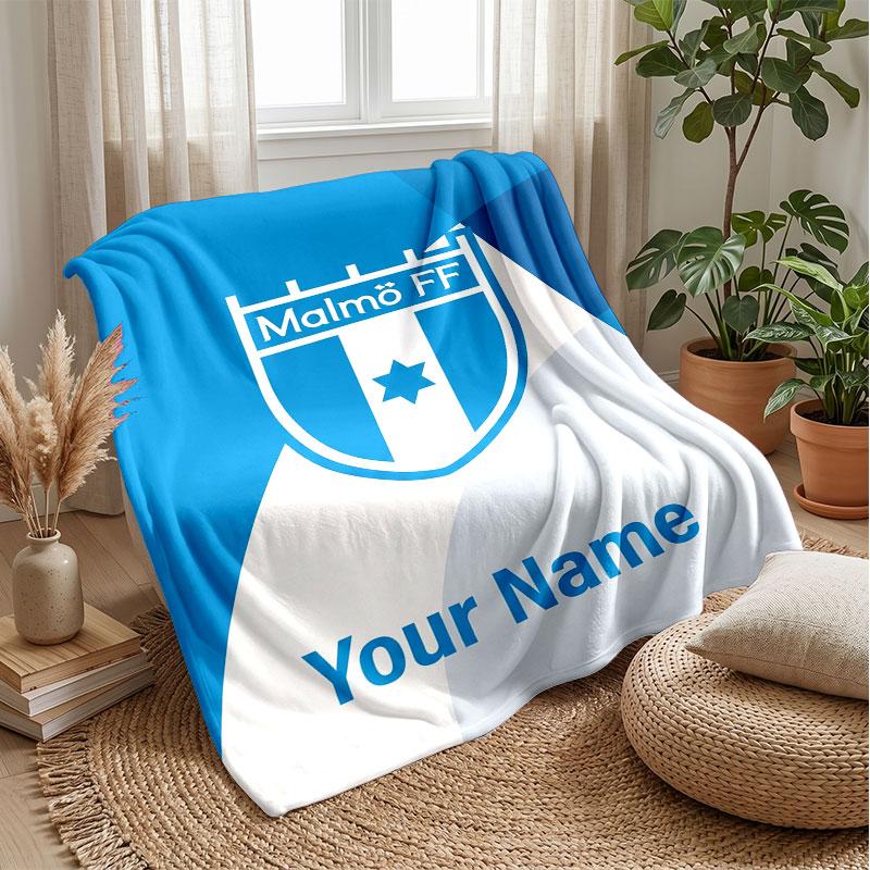 Malmö FF Custom Name Text Flannel Blanket Soccer Logo Personalized Fleece Throw Blanket Special Gift For Sofa Bedroom Home