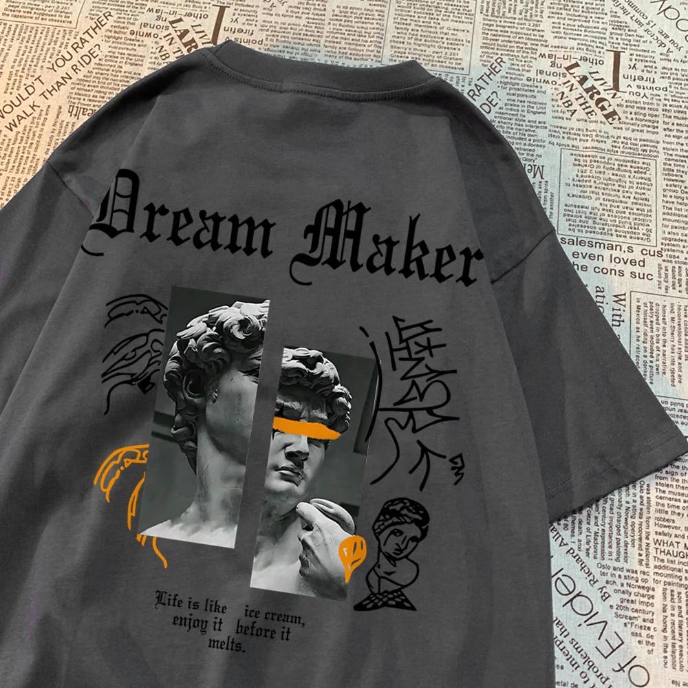 Мечта Создатель Смелый Скульптура Pattern Одежда Мужская Винтаж Хлопок Уличная одежда Парные футболки с круглым вырезом Однотонные летние топы