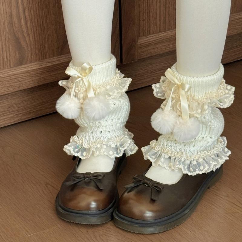Fashionable Plush Balls Bows Adorned Leg Warmers with Lace Detail for Women's Hollowout Knitted Short Leg Covers Sleeves