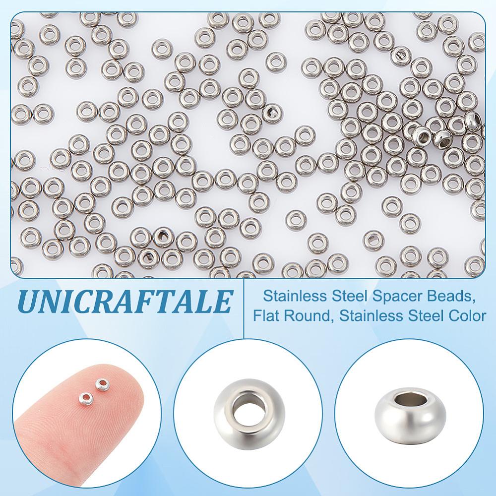 200Pcs 202 Stainless Steel Spacer Beads, Flat Round, Stainless Steel Color, 3x1.5mm, Hole: 1.2mm