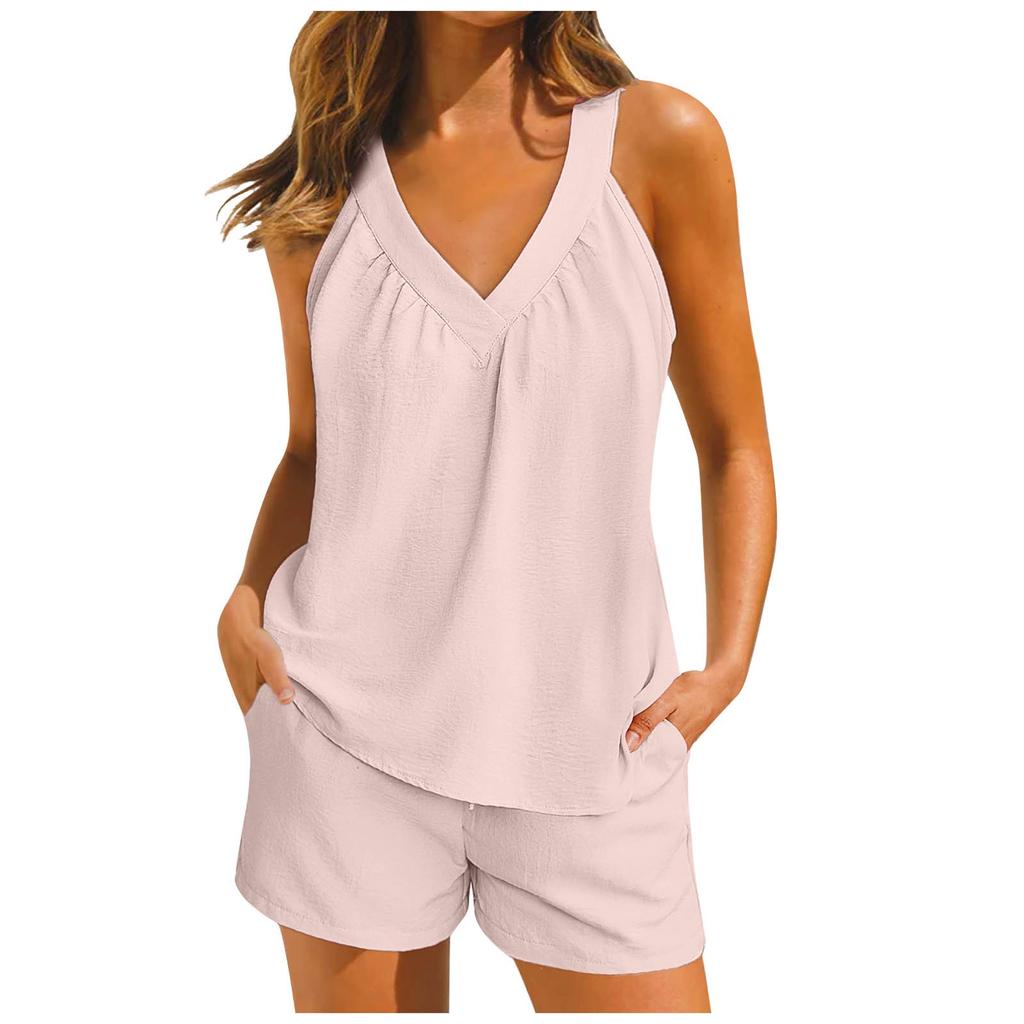 Women's Solid Color Loose V-Neck Pullover Sleeveless Casual Top With Pockets Shorts Set