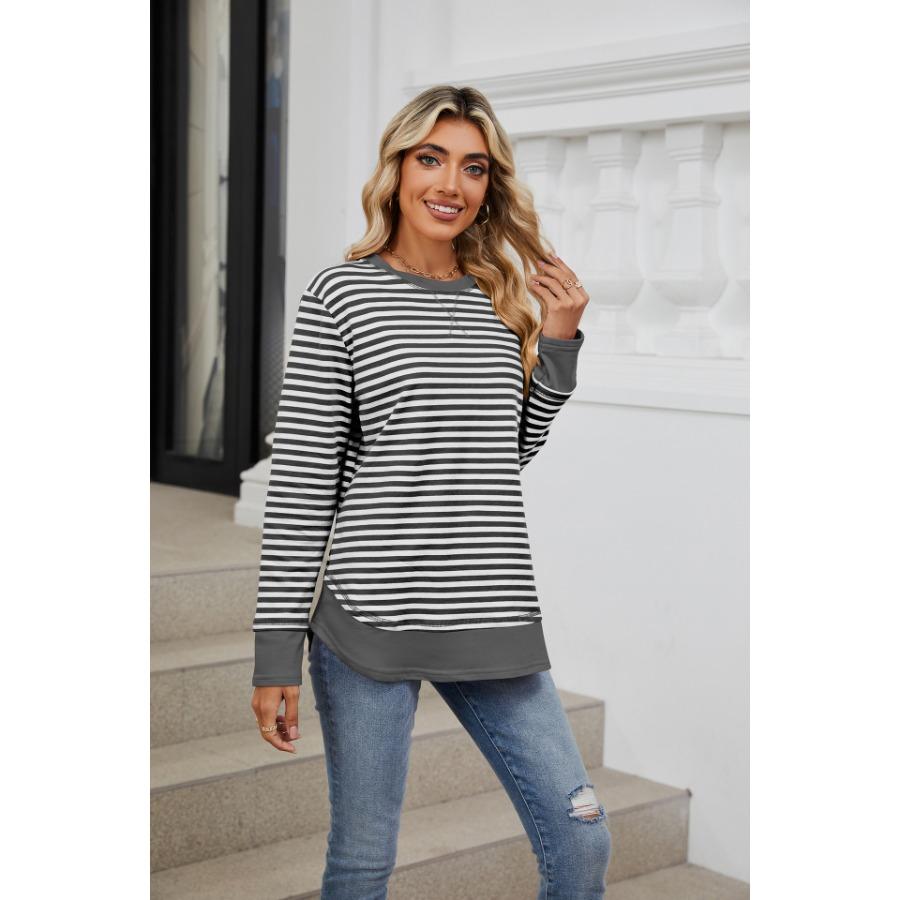 Осень-зима полосатые пуловеры модные женские контрастные круглые вырезы свободные длинные рукава толстовка с капюшоном топ для женщин