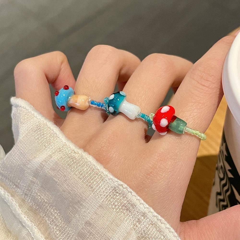Colorful Mushroom Bead Ring New Elastic Rope Design Cute Playful Women Dopamine Finger Ring Trendy Contrast Color Party Jewelry