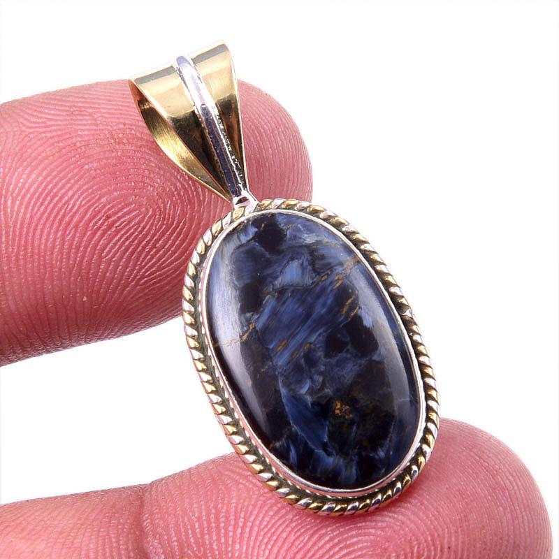 Natural Pietersite Gemstone 925 Solid Sterling Silver TwoTone Pendant 1.50" Q8A90