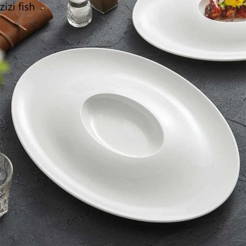 Dumpling Plate with Vinegar Dish Oval Ceramic Dinner Plate Soup Plates Dessert Bowl Sashimi Plates Fruit Dish Dim Sum Dish Tray