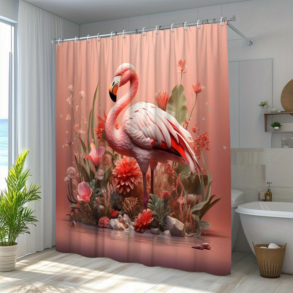 1pc Elegant Flamingo Animal Print Shower Curtain Bathtub Partition Hanging Fabric with Floral Pattern, Polyester Material,