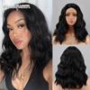 Женский натуральный волнистый парик черного цвета до плеч без челки, кружевной передний волнистый парик из синтетического волокна, повседневная одежда