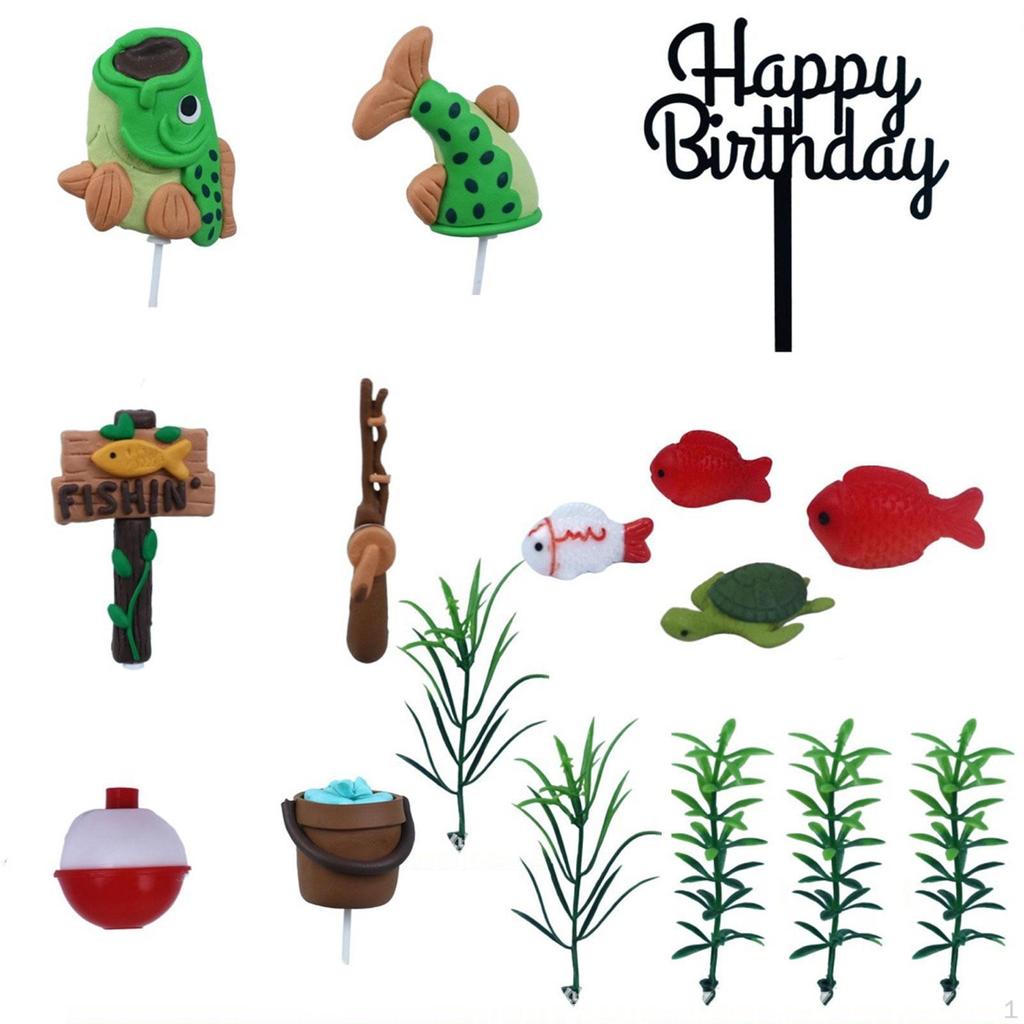 16 Pieces Fishing Cake Topper Birthday Decoration with Sea Bass DIY Decorations for Retirement