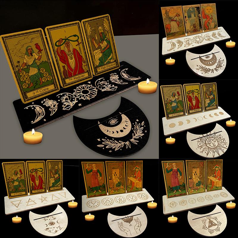 Decor A Set Altar Stand Wood Display Moon Shape Rectangle Card Wooden Stand for Tarot
