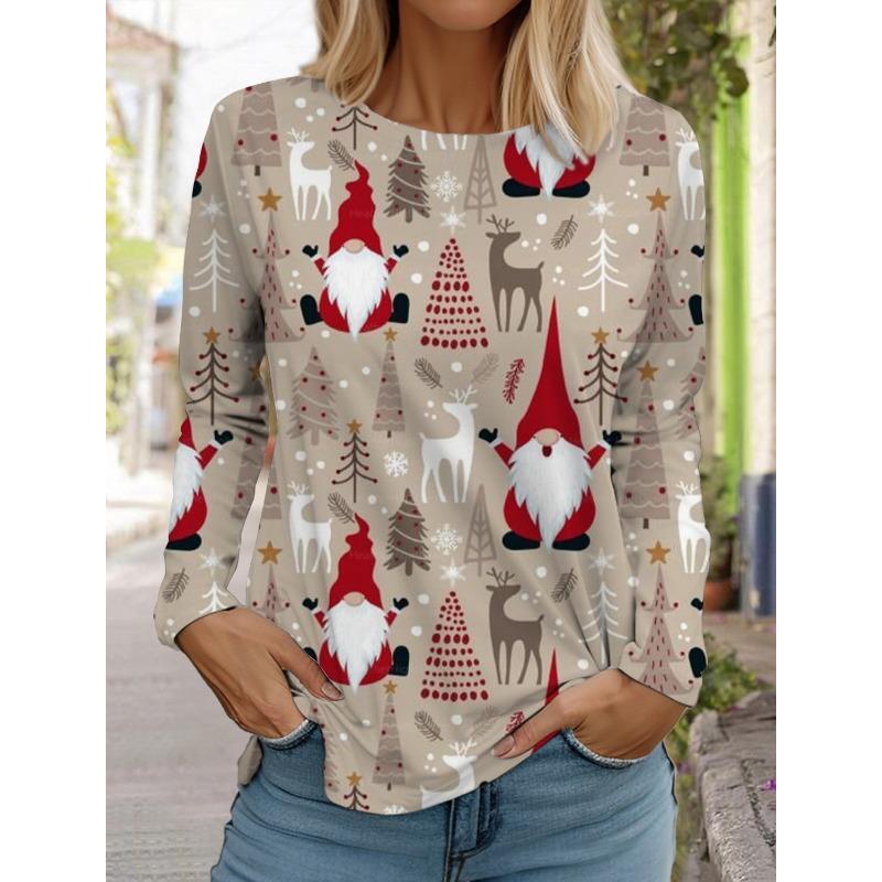 Женская футболка с длинным рукавом и рождественским принтом оленей, спортивный повседневный милый полиэстер с круглым вырезом и длинным рукавом