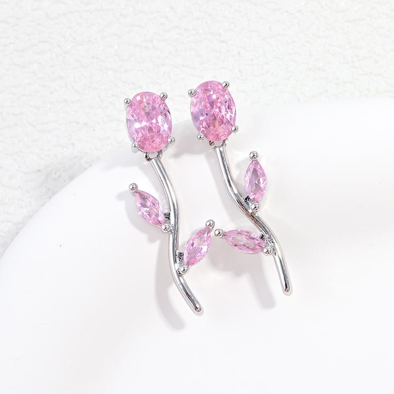 Gold Plated Tulip Stud Earrings Women Colorful Cubic Zirconia Rose Leaf Drop Earrings Minimalist Dainty Jewelry Gift:VE1824