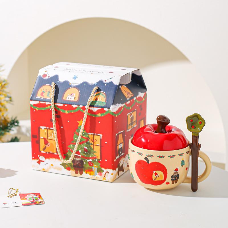 Креативная керамическая кружка-чашка Apple на Рождество с крышкой, рождественский подарок, высокая, красивая чашка для воды, подарочная коробка, сувенир