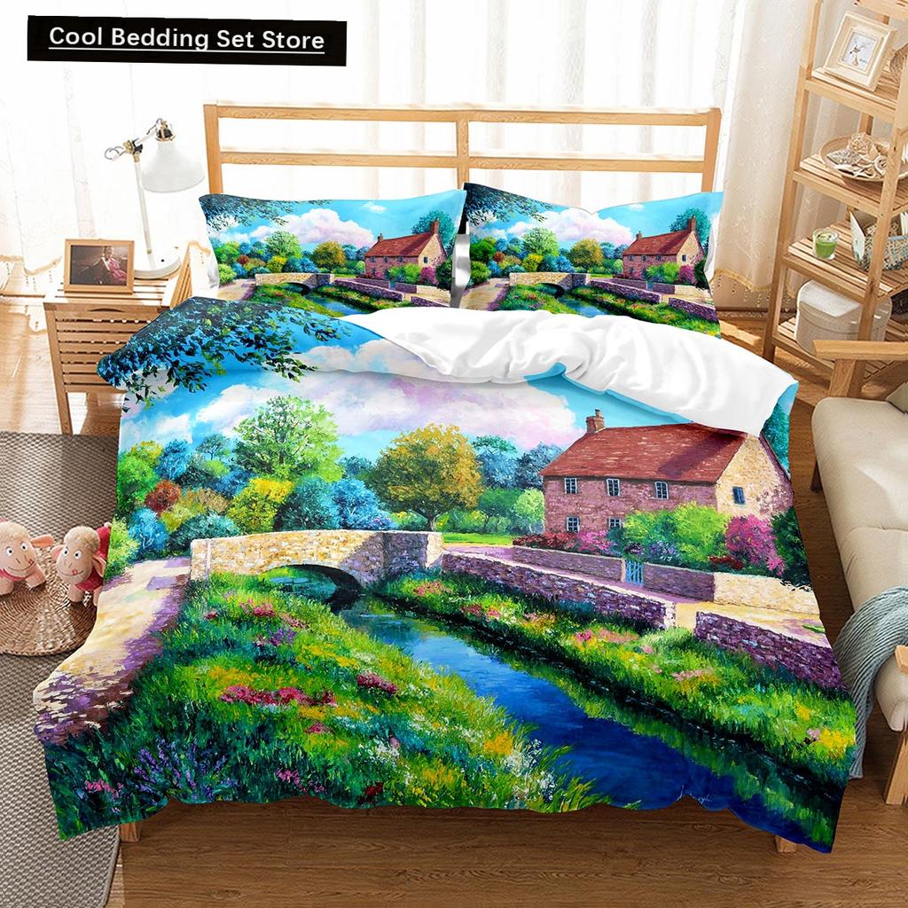 Oil Painting Landscape King Queen Duvet Cover Eiffel Tower Bedding Set Natural Scenery Quilt Cover Polyester Comforter Cover