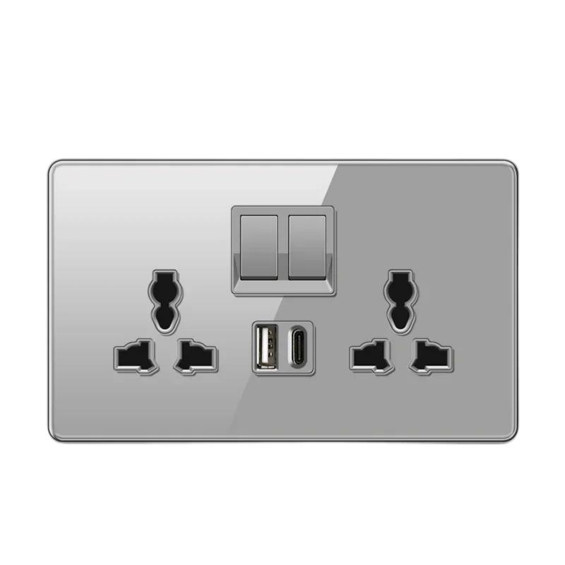 Роскошная серая панель из закаленного стекла, электрическая розетка UK 13A, двойная 5-контактная розетка и выключатель, универсальная настенная розетка USB C EU