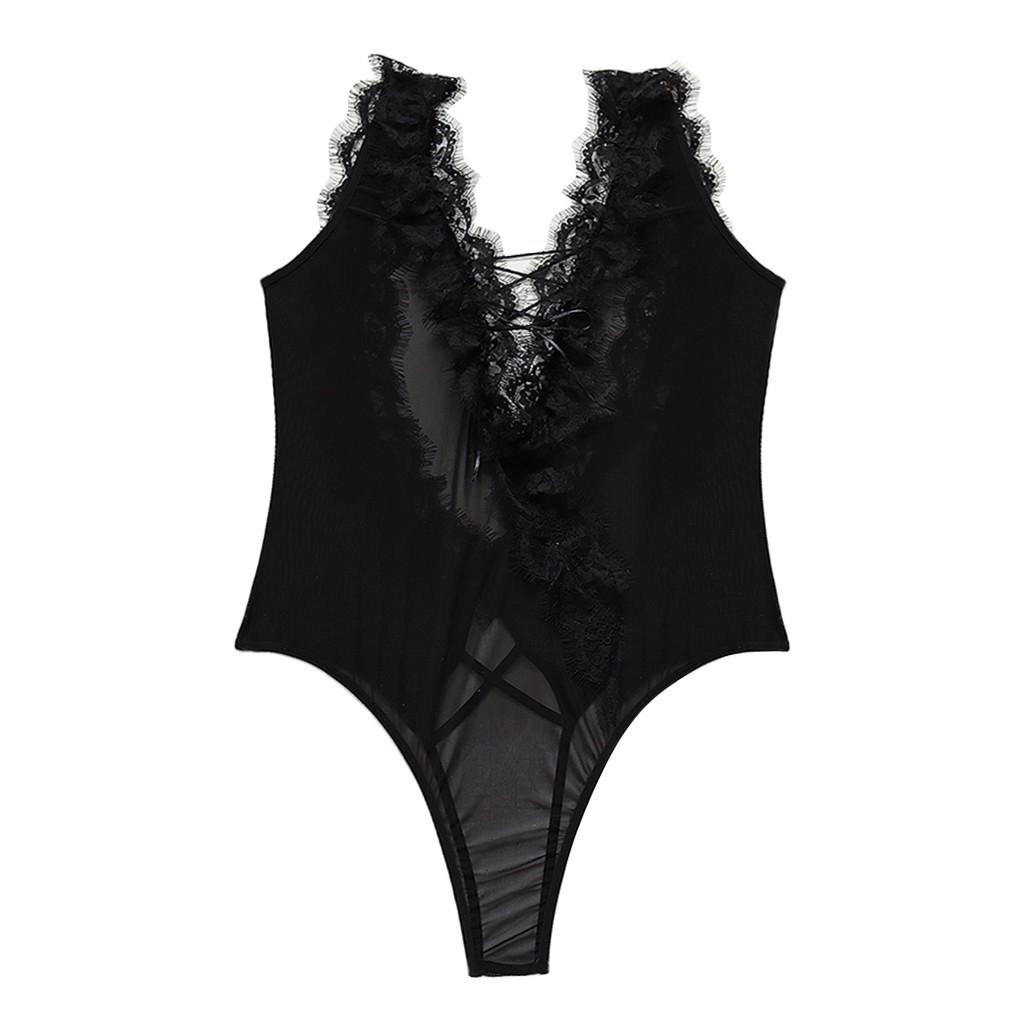 Women Plus Size Sexy Underwear Pajamas Lingerie Deep V-Neck Backless Bodysuit