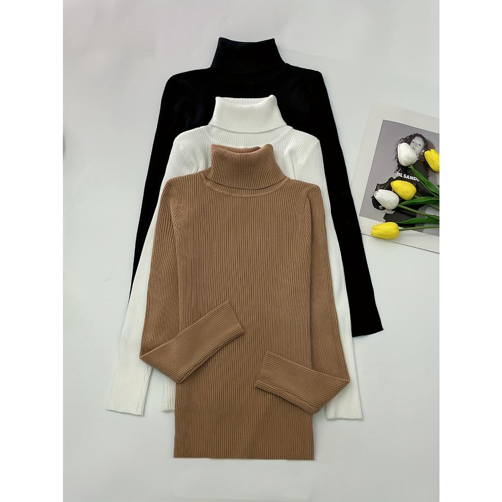 Водолазка, набор из 3 вязаных свитеров, повседневный однотонный свитер с длинным рукавом для осени и зимы, женская одежда