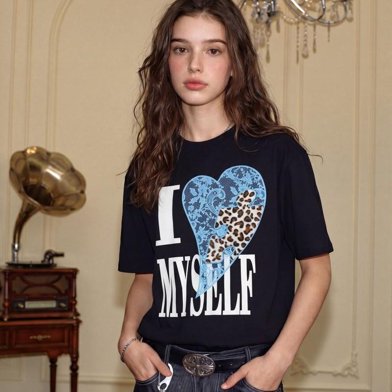 Leopard Lace Heart Print T-Shirt Couples Vintage American Style Loose Fit Short Sleeve Unisex Casual