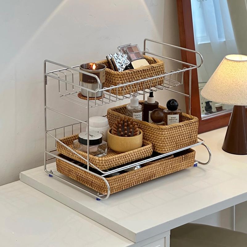 Hand-Woven Natural Rattan Storage Basket for Cosmetics and Desktop Organizing with a Retro High-End Feel