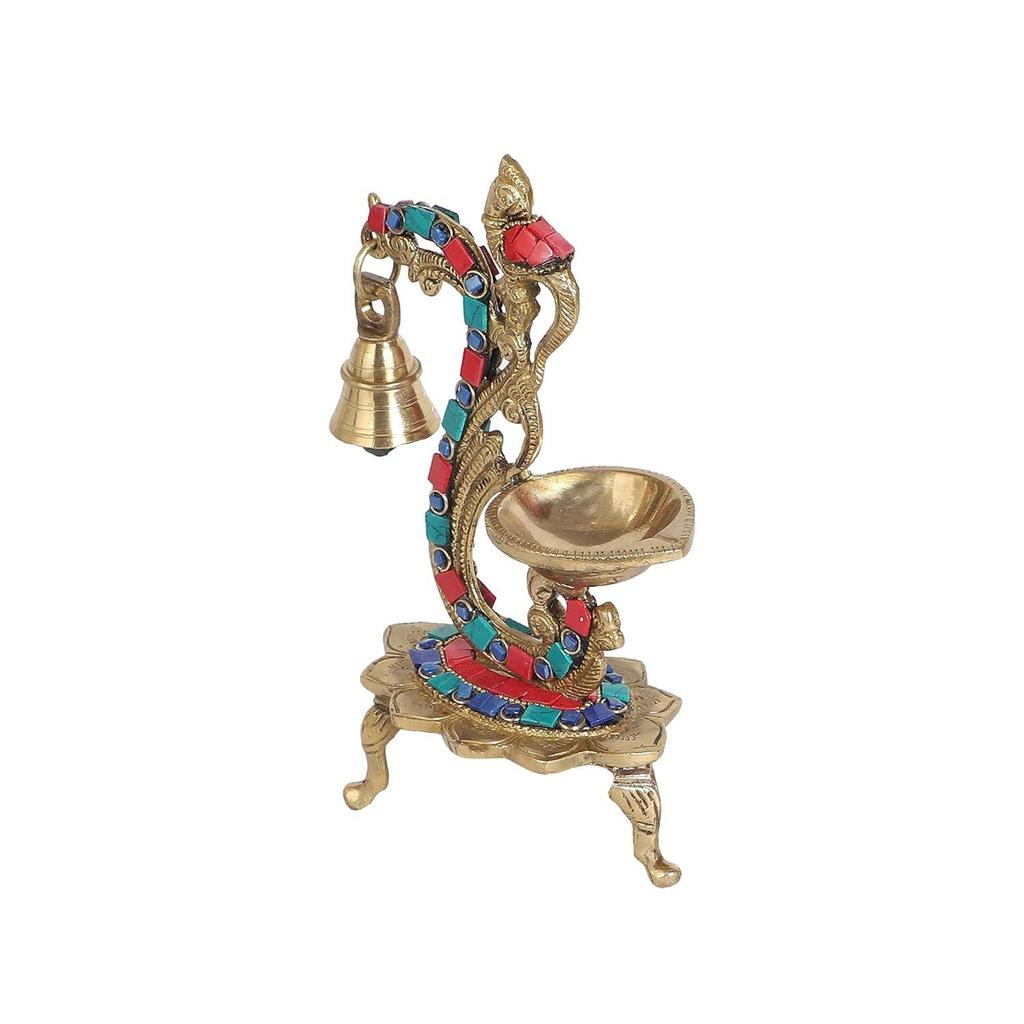 Gemstone Work Ethnic Carved Peacock Design Brass Diya with Bell, Brass Antique Oil Lamp, Brass Diyas for Home, Latest