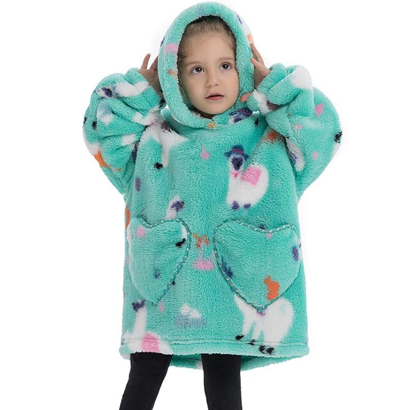 Kids Plush Hooded Pullover Loose Warm Coat Heart Shaped Pocket Cute Cartoon Printed