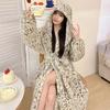 Coral Velvet Hooded Leopard Print Night-Robe for Women Winter New Cardigan Warm Home Nightgown Mid-length Loose Flannel Bathrobe