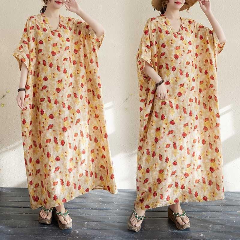 Реальное фото Летний цвет Отпускной стиль Путешествия V-образный вырез Ретро Длинное платье Прикрывающее недостатки Хлопково-льняное платье