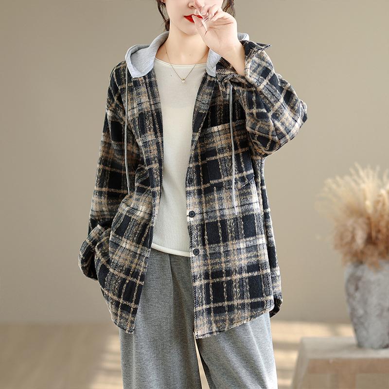 DIMANAF 2025 Новые осенне-зимние женские пальто и куртки больших размеров с капюшоном, хлопковые, теплые, с длинным рукавом, свободные, повседневные, верхняя одежда, винтажная женская клетка